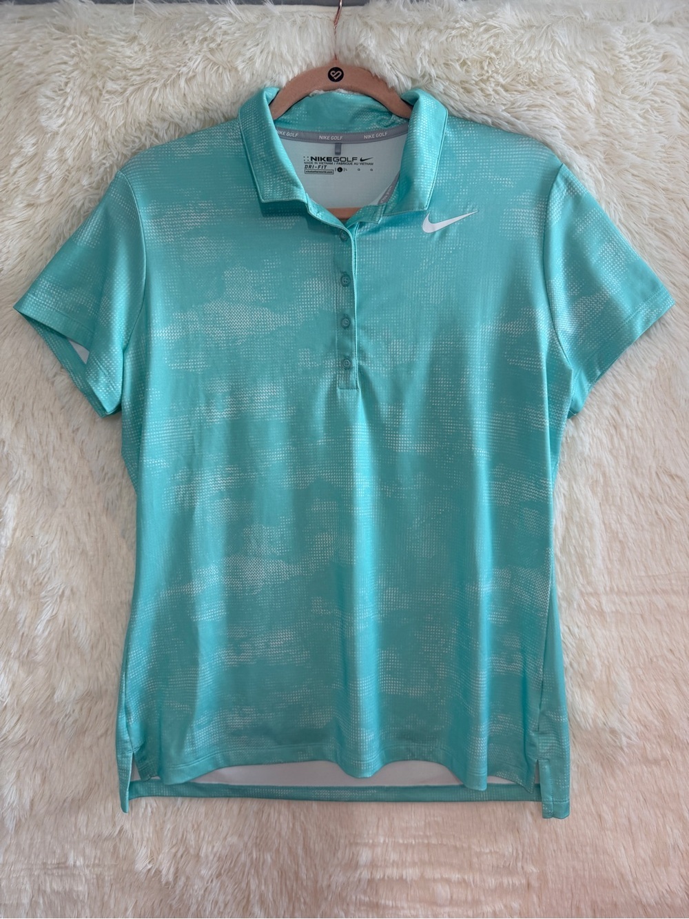Nike Womens Golf Dri-Fit Polo Shirt L Teal White Dot Logo Short Sleeve Sporty